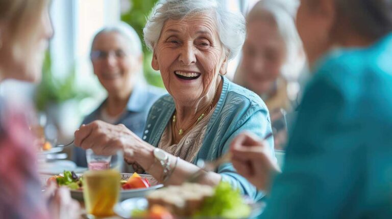 Residents participate in a seated craft activity around a bright assisted living community table.
